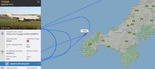 The flightpath of an RAF aircraft flying above Cornwall today (Picture: FlightRadar24.com) The flightpath of an RAF aircraft flying above Cornwall today (Picture: FlightRadar24.com)